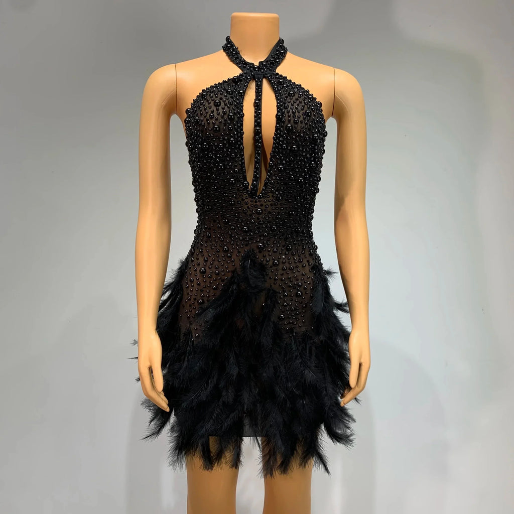 Glitter Feather Pearls Halter Backless Short White Party Dress Women Luxury Celebrate Birthday Outfit Performance Dance Costume