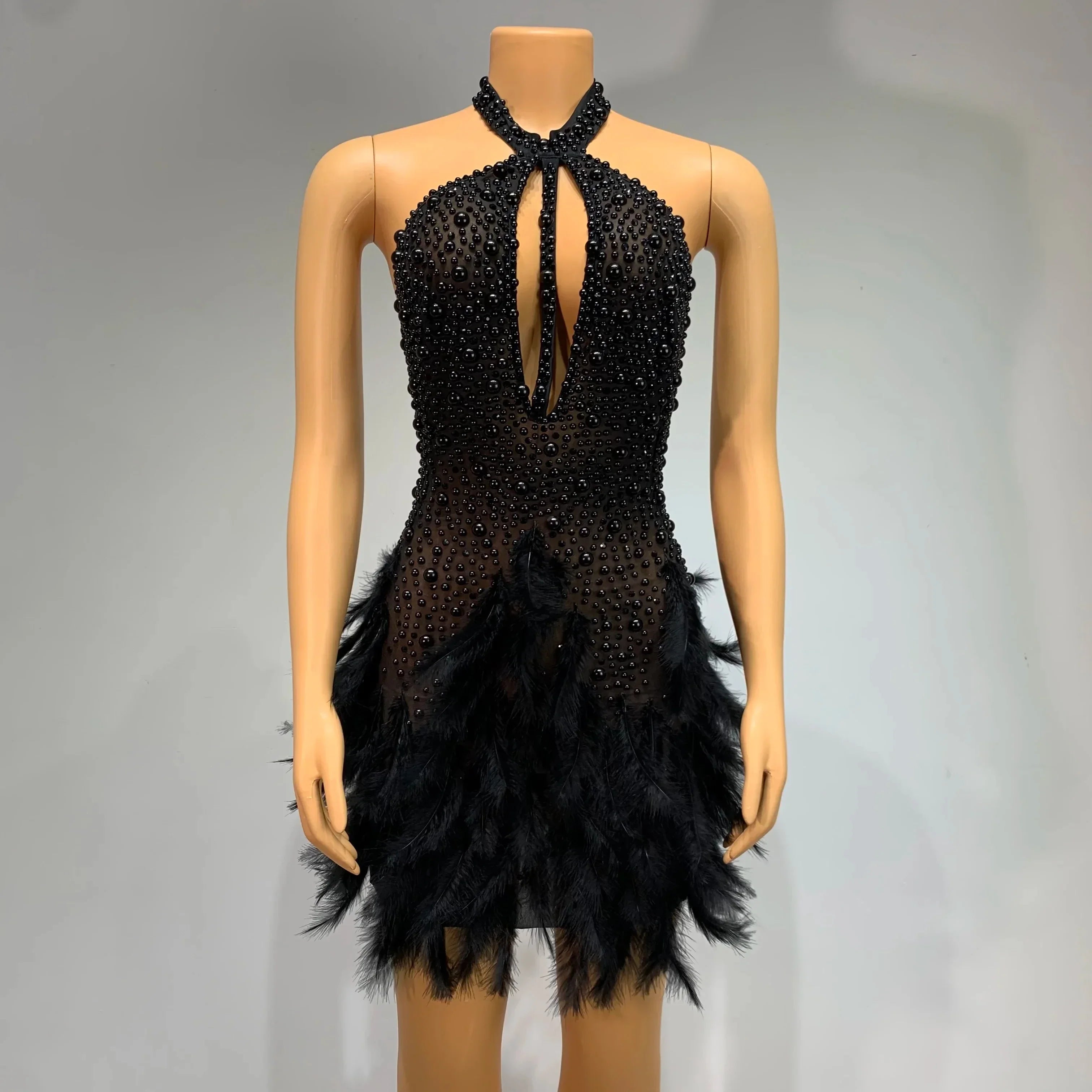 Glitter Feather Pearls Halter Backless Short White Party Dress Women Luxury Celebrate Birthday Outfit Performance Dance Costume