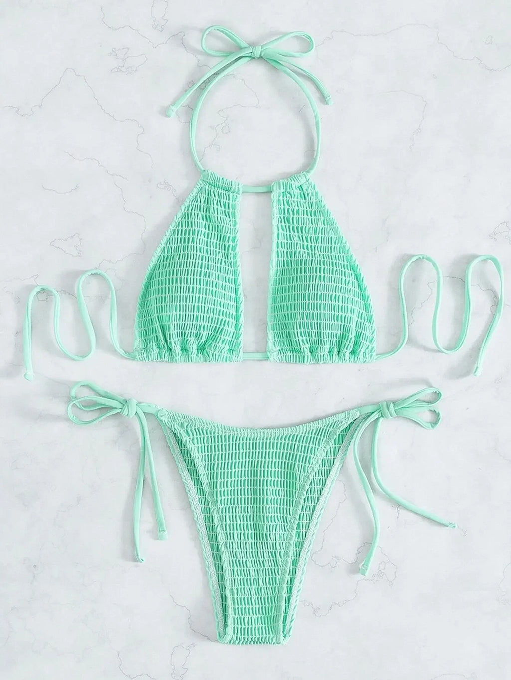 Smocked Halter Tie Side Bikini Swimsuit Women Two Piece Swimwear 2023 Bikini Set Summer Beach Bathing Suit Biquini