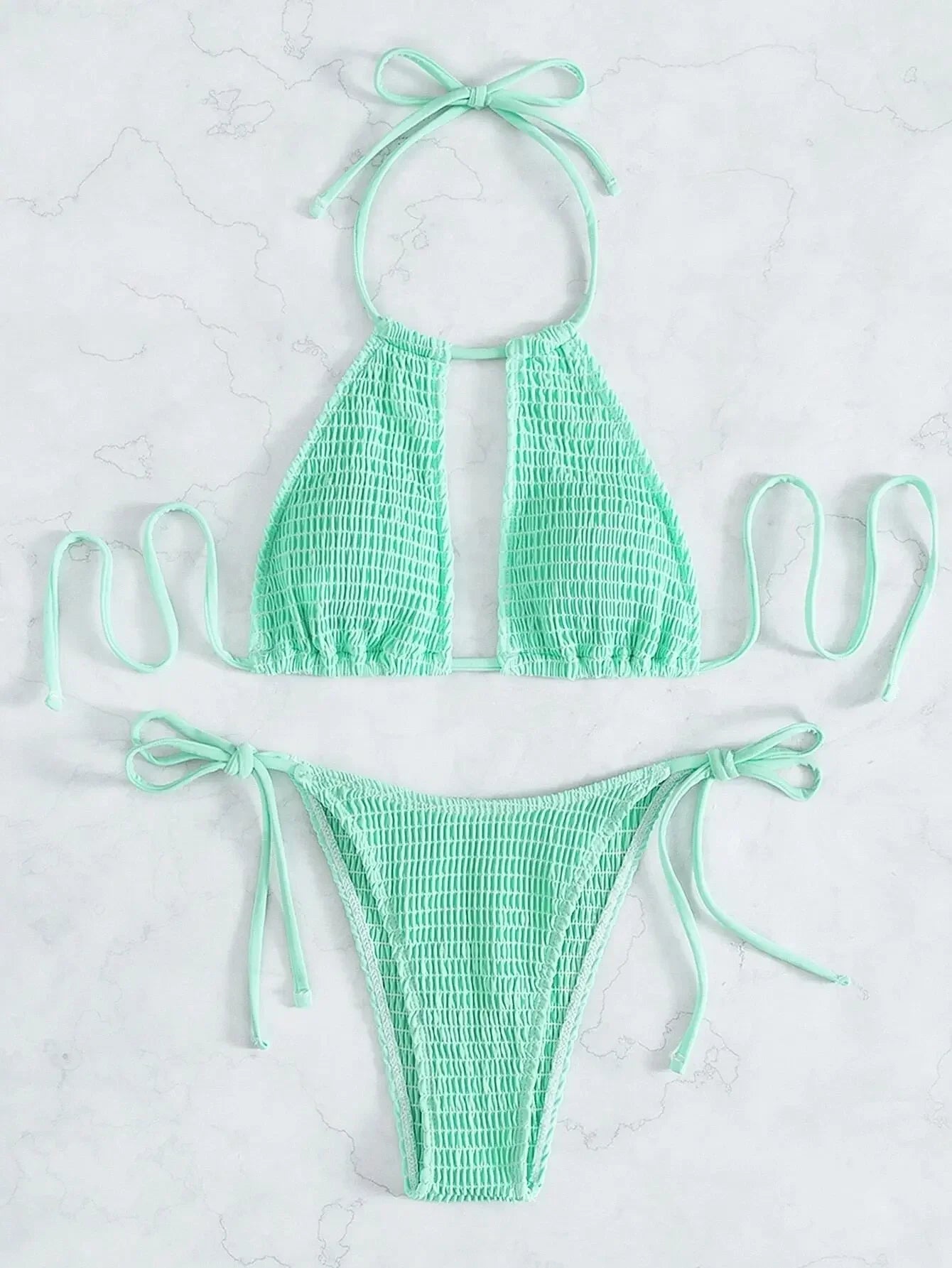 Smocked Halter Tie Side Bikini Swimsuit Women Two Piece Swimwear 2023 Bikini Set Summer Beach Bathing Suit Biquini