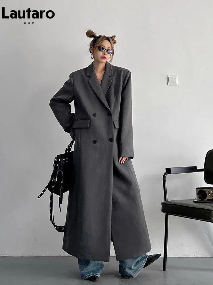 Lautaro Spring Autumn Long Grey Black Trench Coat for Women Double Breasted Loose Casual Korean Fashion Clothing Blazer 2023 LUXLIFE BRANDS