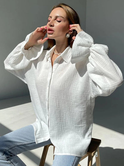 2023 Autumn Winter Women Solid White Office Loose Shirt Long Sleeve Elegant Ladies Blouse For Woman