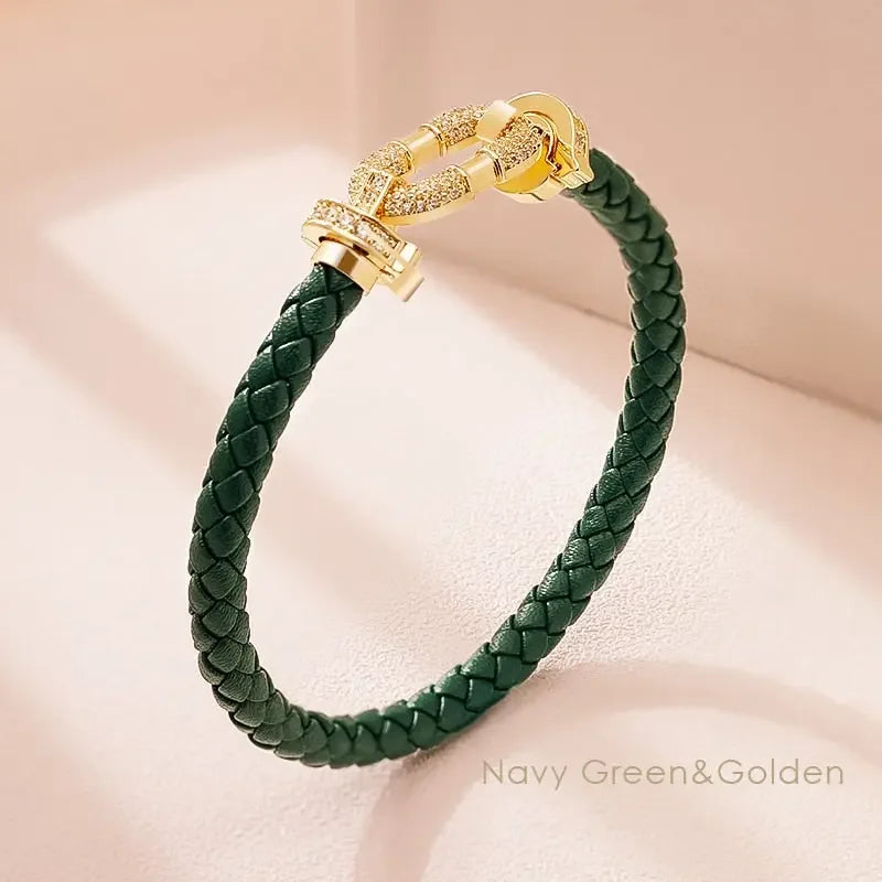 MOONLIGHT Women's Trendy Round Metal Brand Genuine Braided Leather Bracelet Cubic Zirconia Bracelet Female Jewelry Accessories