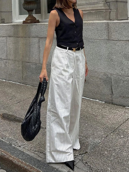 Aynaray Spring Summer 2024 Women Striped Office Trousers High Waist Loose Wide Leg Flare Pants For Women