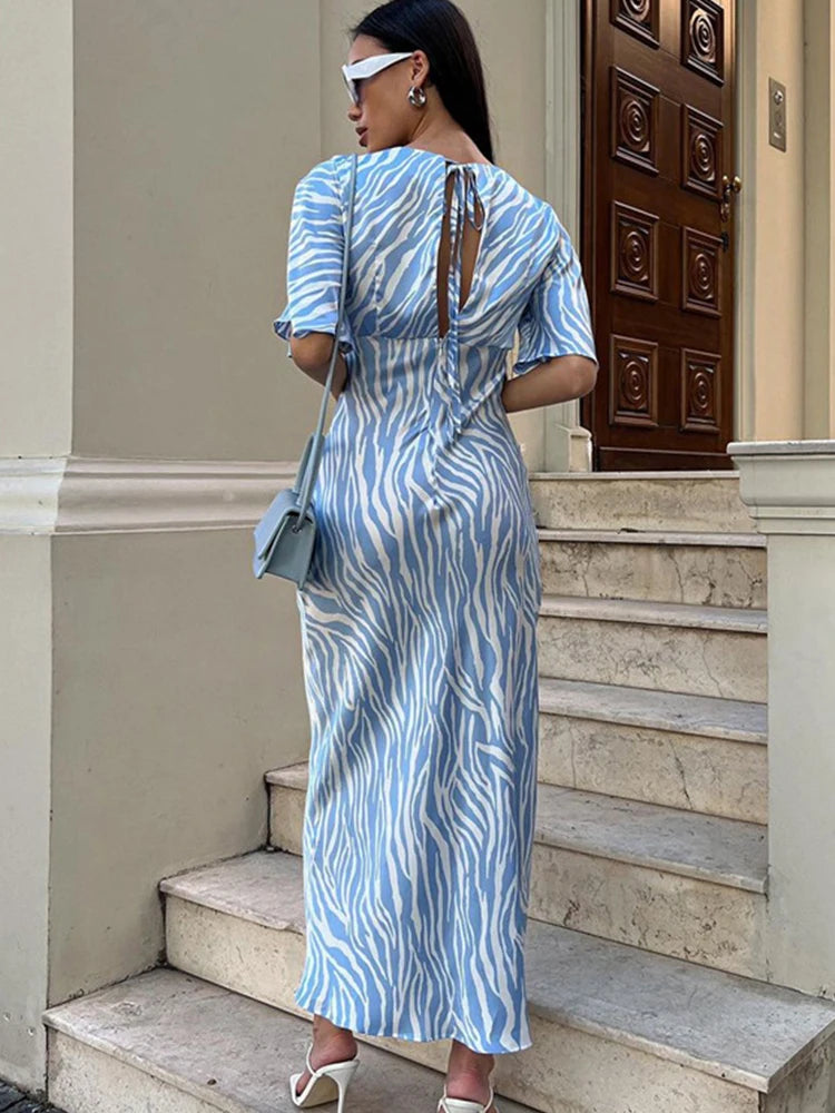 French Blue Summer Satin Midi Dress