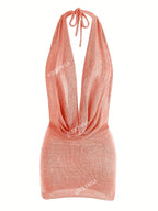 2026 Women New Year Bright Silk Dresses Sexy Stacked V Halter Neck Backless Knit Beach Mini Dress Summer Swimsuit Cover Up K145 Luxlife Brands