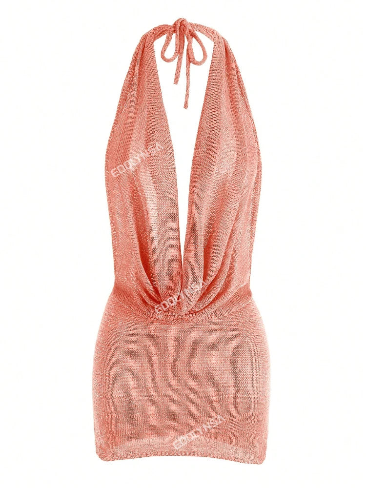 2026 Women New Year Bright Silk Dresses Sexy Stacked V Halter Neck Backless Knit Beach Mini Dress Summer Swimsuit Cover Up K145 Luxlife Brands