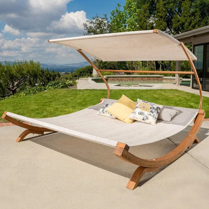 LUXHOME Teak Outdoor Daybed Hammock with Adjustable Shade Canopy