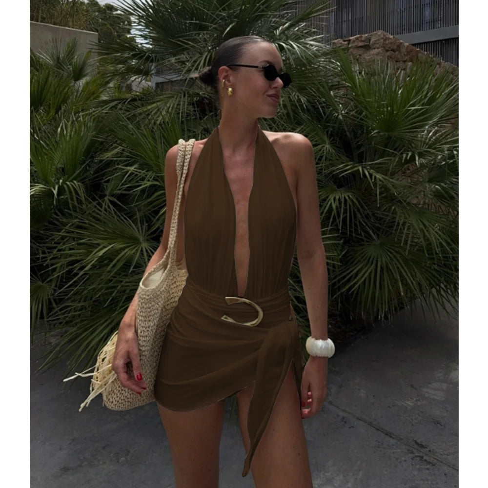 Two Pieces Micro Bikini 2025 Sexy Swimsuit Women Halter Swimwear Biquini Female Solid Bodysuit Bathing Suits Sarong Mini Skirt