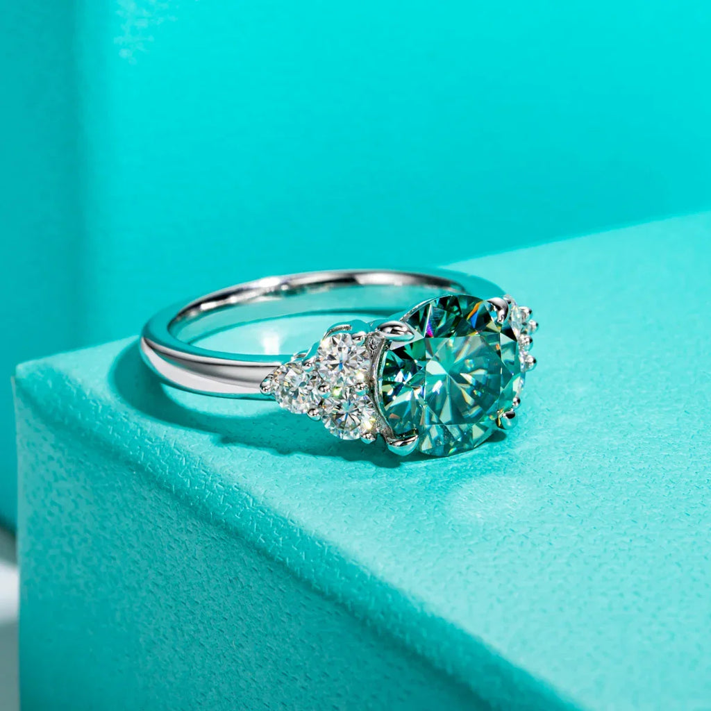 AnuJewel 3ct Round Cut Blue Green Color Moissanite Engagement Ring 18K Gold Plated Silver Luxury Wedding Ring Jewelry  Wholesale