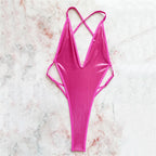Sexy Rose Red Shiny Backless Swimsuit Women One Piece Swimwear 2025 Micro Thong Back Cross String Monokini High Cut Bathing Suit Luxlife Brands