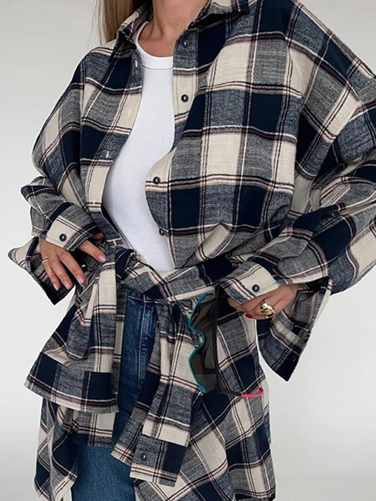 Aynaray 2024 Women Spring Winter Oversized Plaid Shirt Thick Vintage Long Sleeve Loose Fit Blouse For Woman