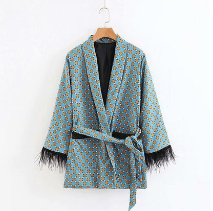 Women's Suits Sunc Spring LOOSE Blue Printed Kimono Jacket with Feather Sleeves Wide Leg Pants Two-piece Viintage Clothing Suits
