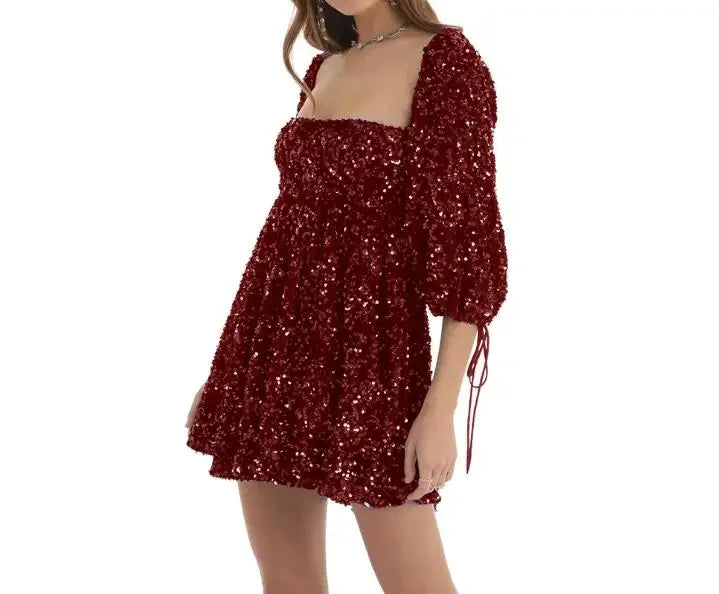 New Fashion Sexy Sequin Short Sleeve Square Neck Solid Color Slim Fit Dress For Women,5 Colors