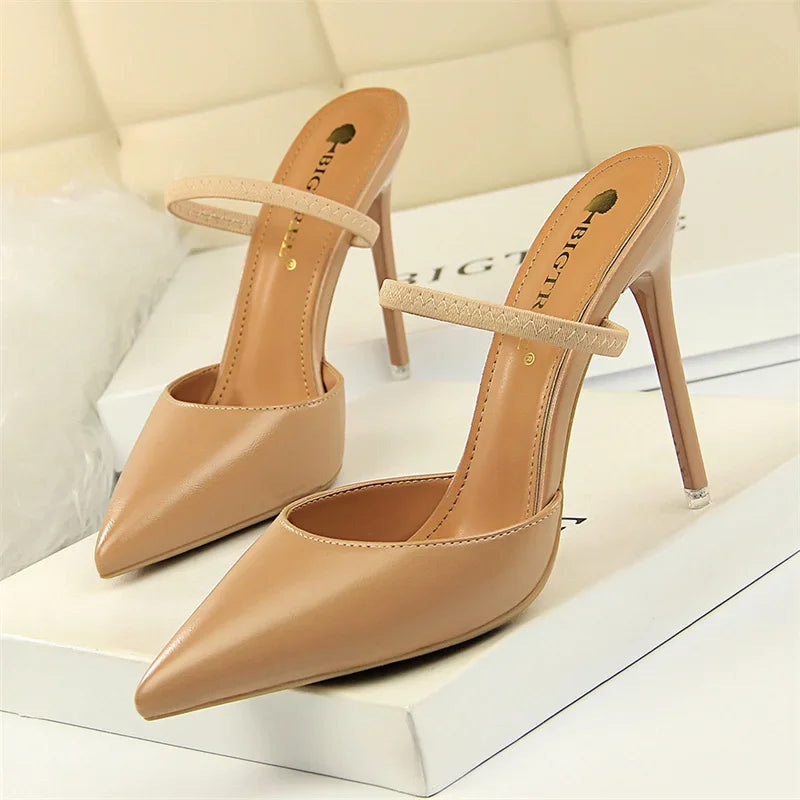 Summer Retro Simple Women Shallow Mouth Thin High Heels Mules Slingbacks Slippers Pointed Toe Hollow Wedding Slip On Pumps Shoes