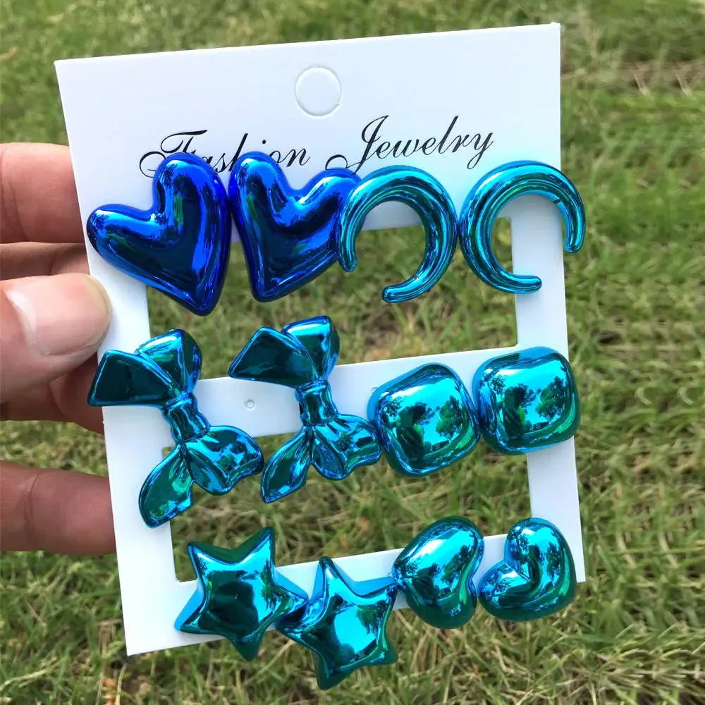 New 6 pair/set Metallic Color Acrylic Y2K Stud Earrings for Women Rock Heart Moon Star Bowknot Square Earring Korea Jewelry Sets