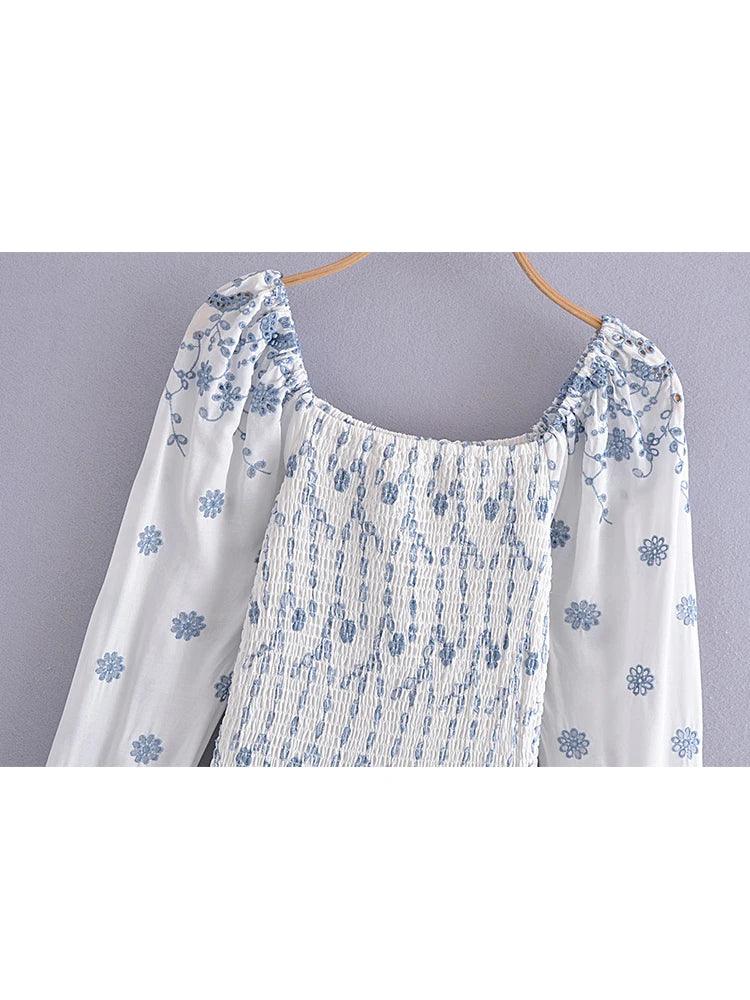 2022 Fashion Women Floral Hollow Out Embroidery Elastic Mini Dress Vintage Long Sleeve Female Super-Short Dress Summer Robe