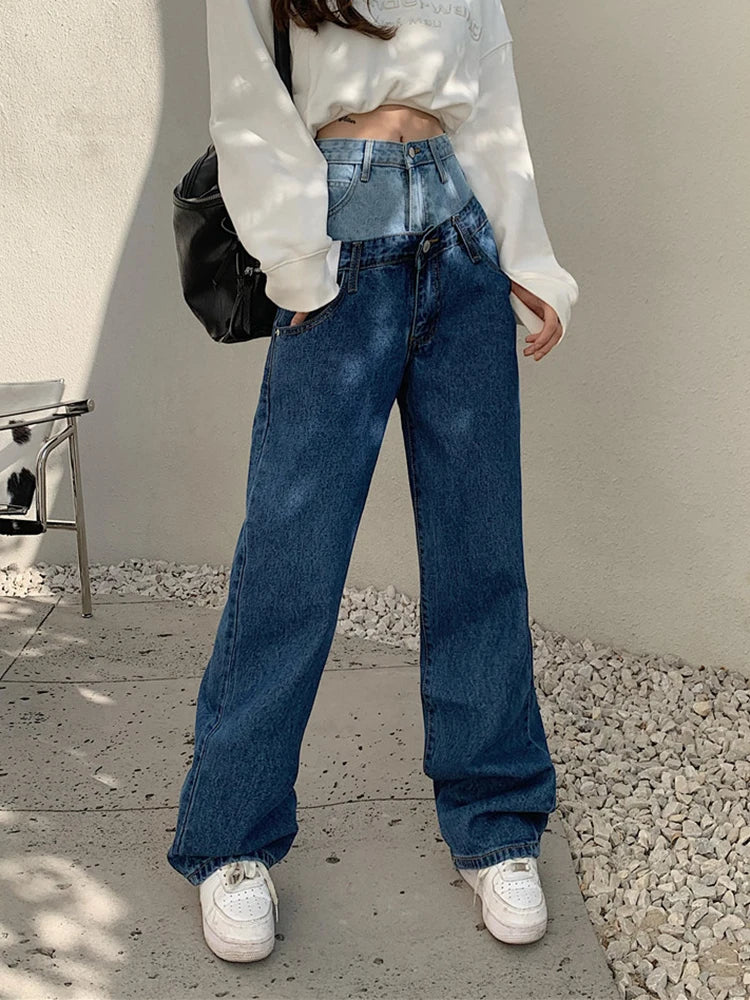 Stylish Fake Two Piece Jeans Women Patchwork Daddy Pants Female Baggy Jeans American Fashion Vintage Denim Pants Trousers Street LUXLIFE BRANDS
