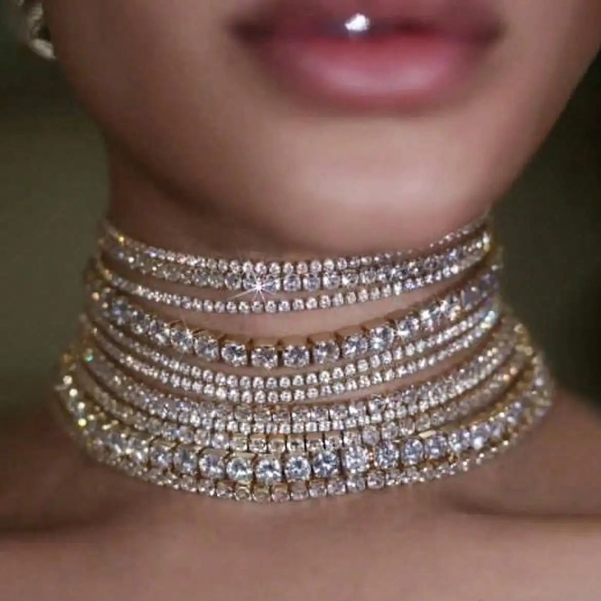 Multi Layered Rhinestone Chain Choker Necklace