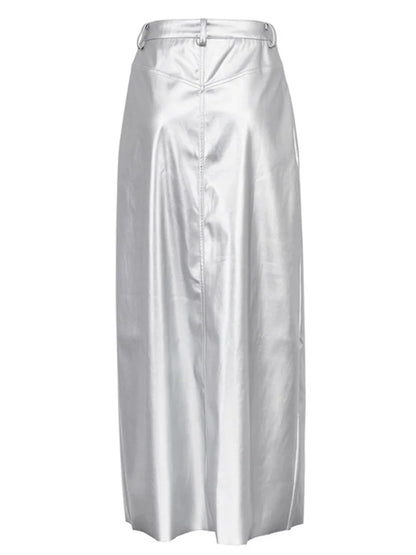 Silver High Waist Pencil Maxi Skirt