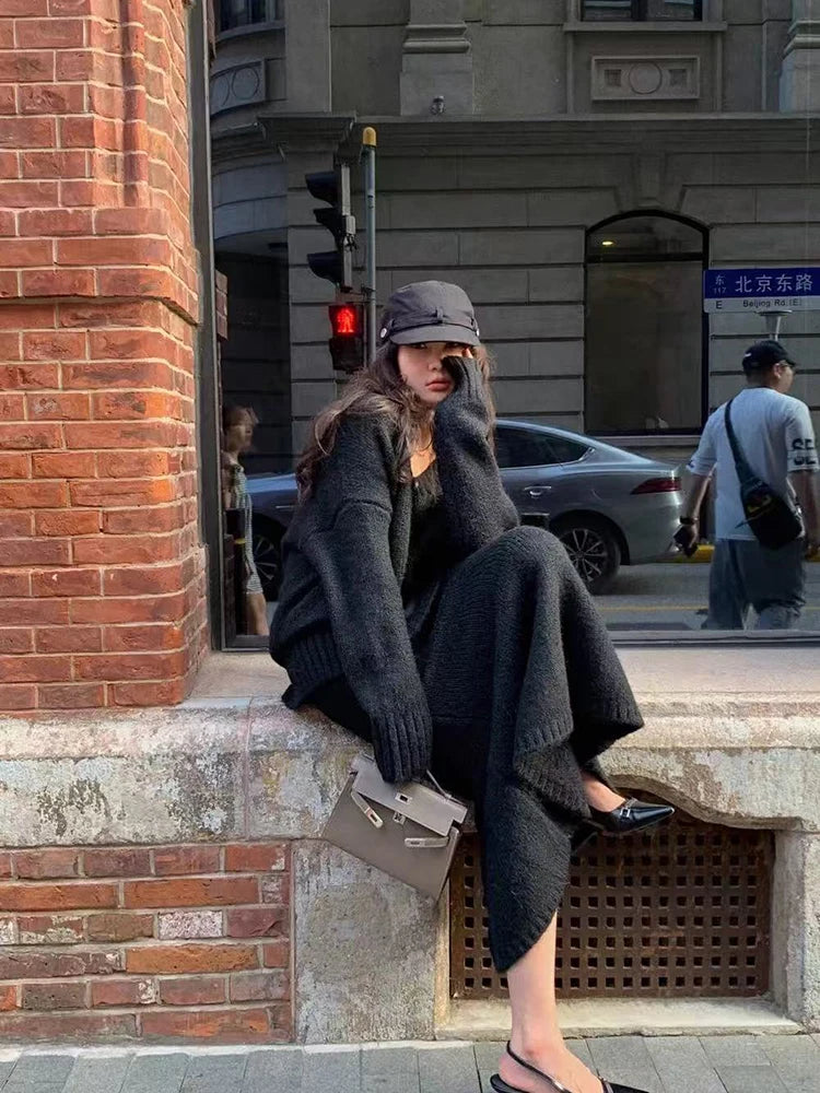 Knitted Sweater Skirts 2 Piece Set for Women Winter Vintage V Neck Loose Warm Pullover Korean Korean High Waist Midi Skirts Set