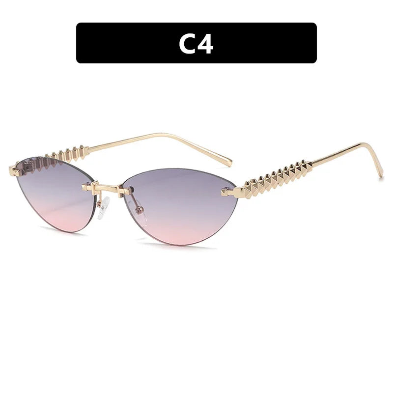 New Cat Eye Rivet Rimless Sunglasses Women Luxury Fashion Brand Oval Narrow Sun Glasses Shades Trendy Elegant Unique Eyewear