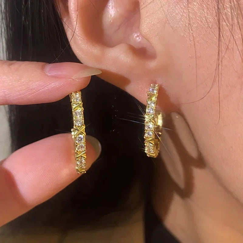 Huitan Novel Women's Hoop Earrings Gold Color Exquisite Cubic Zirconia Circle Earrings Daily Wear Fashionable Female Jewelry Hot LUXLIFE BRANDS