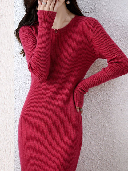 Elegant Cashmere Sweater Women Dresses 100% Merino Wool Fashion Knitted O-Neck Long Sleeve Dress Autumn Winter Casual Warm Skirt