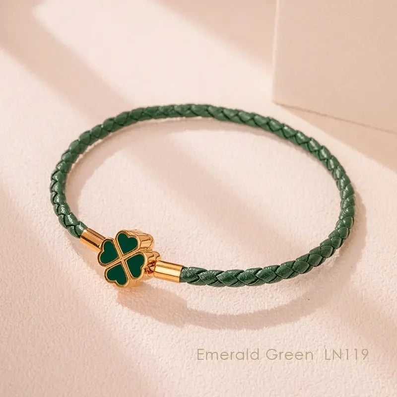 Green Four-Leaf Clover Lucky Bracelet For Women Genuine Braided Leather Bracelet 9 Colors Birthday Party Jewelry ChiristmasGifts