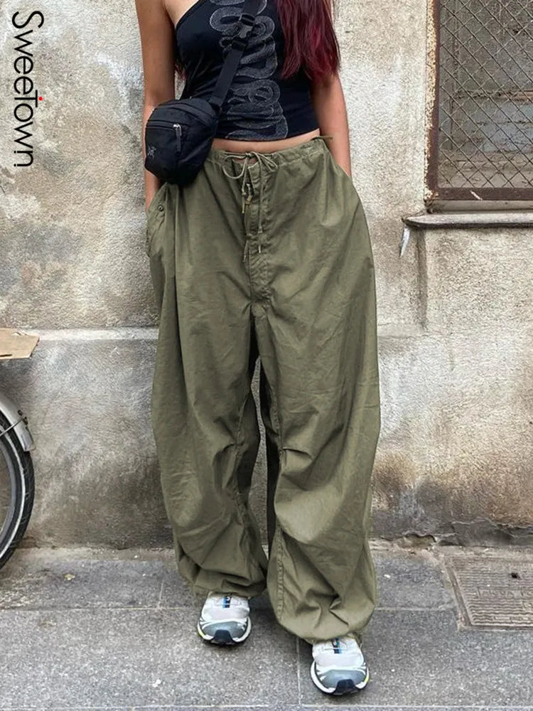 Wide Leg Drawstring Low Waist Streetwear Cargo Pants LUXLIFE BRANDS