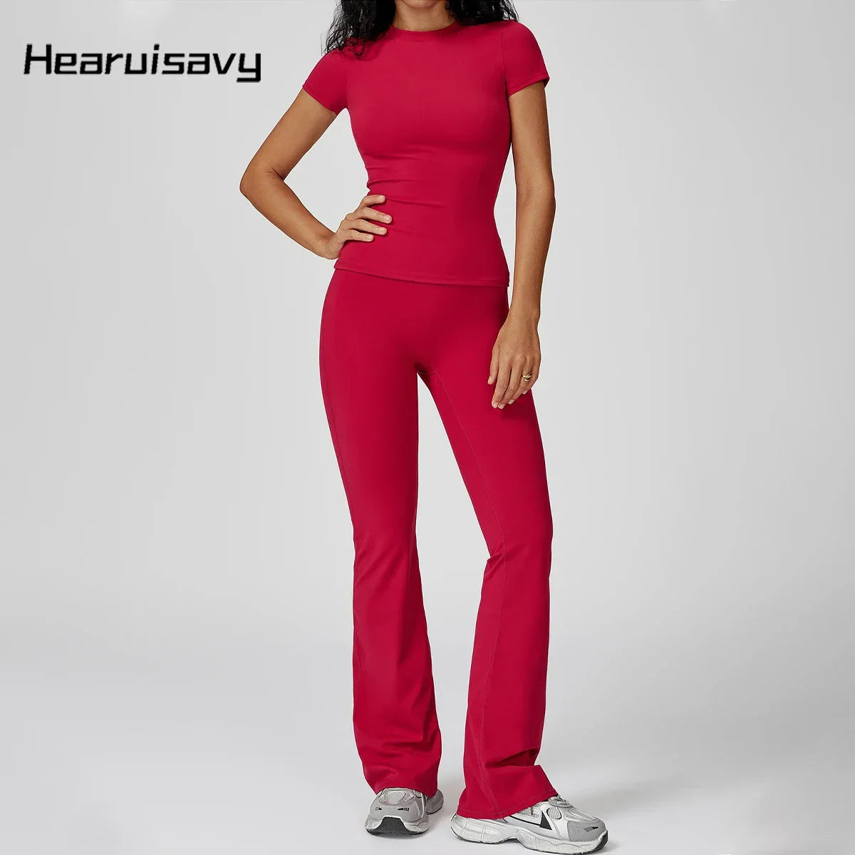 Hearuisavy Women 2 Piece Sport Pants Set Gym Sportswear Workout Short Sleeves Female Push Up Yoga Pants Running Fitness Clothing