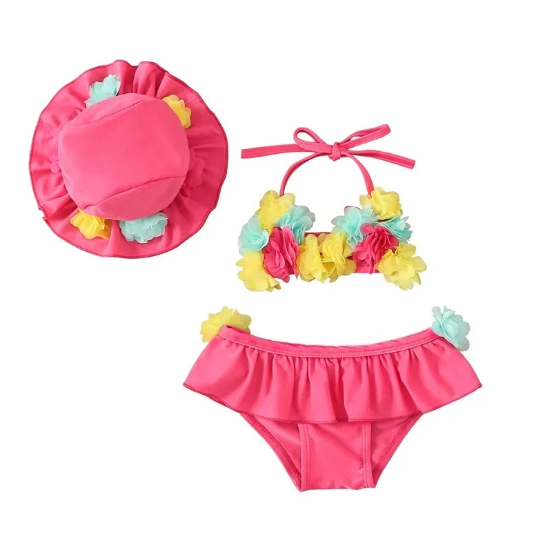 Infant Baby Girl Swimsuit 3D Flower Sleeveless Halter Tank Top Bikini Bottom with Sun Hat Set 0-24M