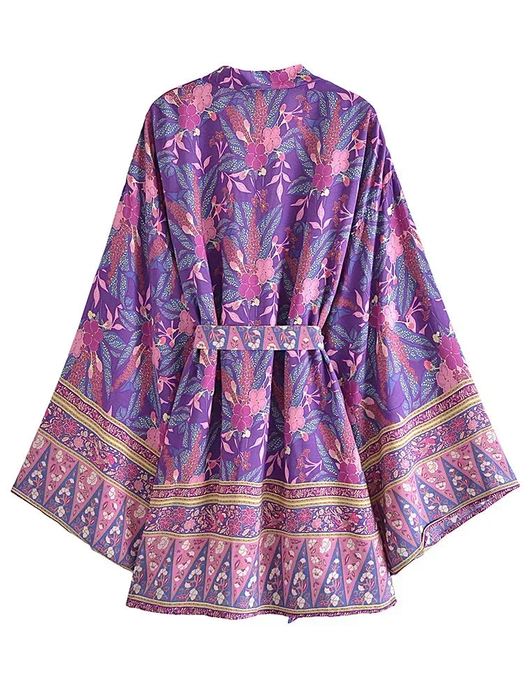 Purple Passion Floral Boho Short Kimono Dress
