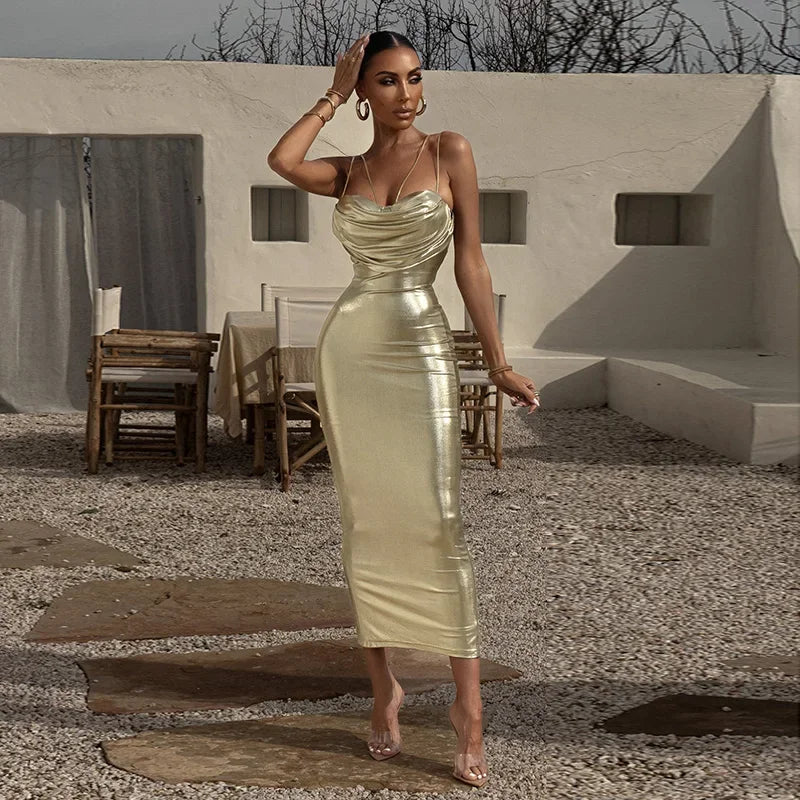Metallic Soft Gold Slim Midi Dress LUXLIFE BRANDS