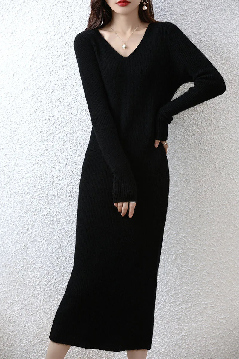 Elegant Long Sleeve Ribbed 100% Merino Wool Sweater Dress LUXLIFE BRANDS