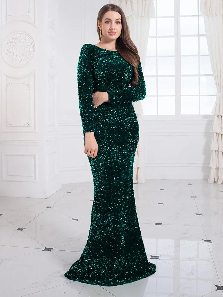 Kisscc Royal Blue Stretch Sequin Floor Length Evening Night Dress Full Sleeve Bodycon Black Mermaid Party Dress Luxlife Brands