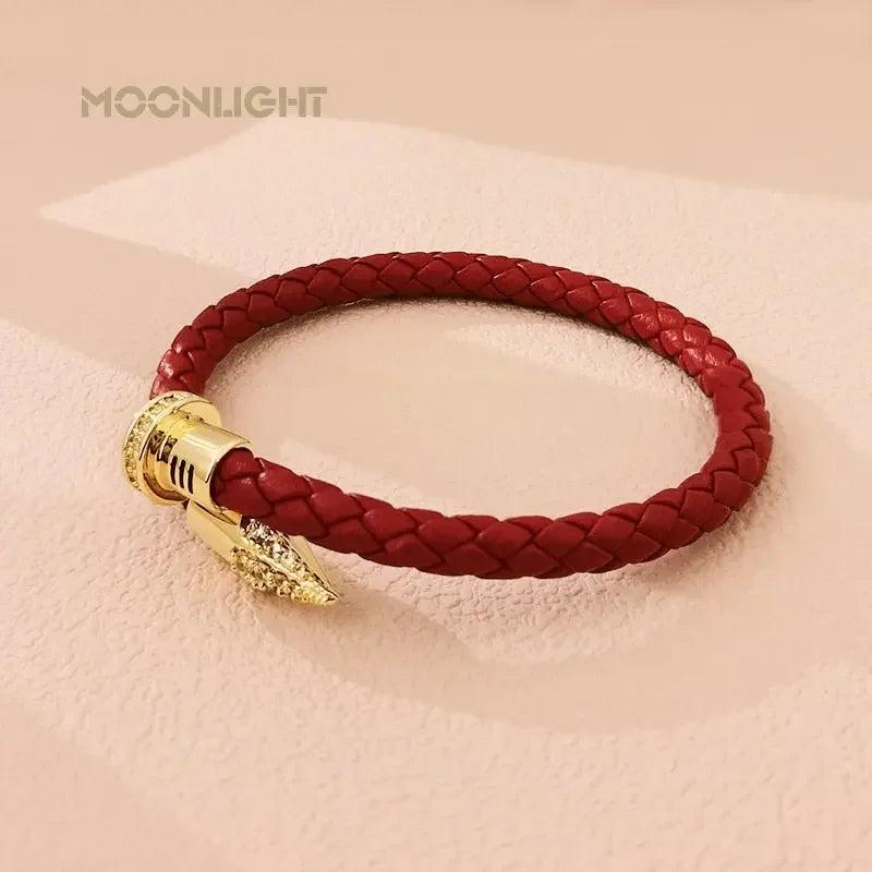 MOONLIGHT Genuine Braided Leather Bracelet for Woman High Quality Classic Cubic Zirconia Nail Bracelet Female Jewelry Gifts