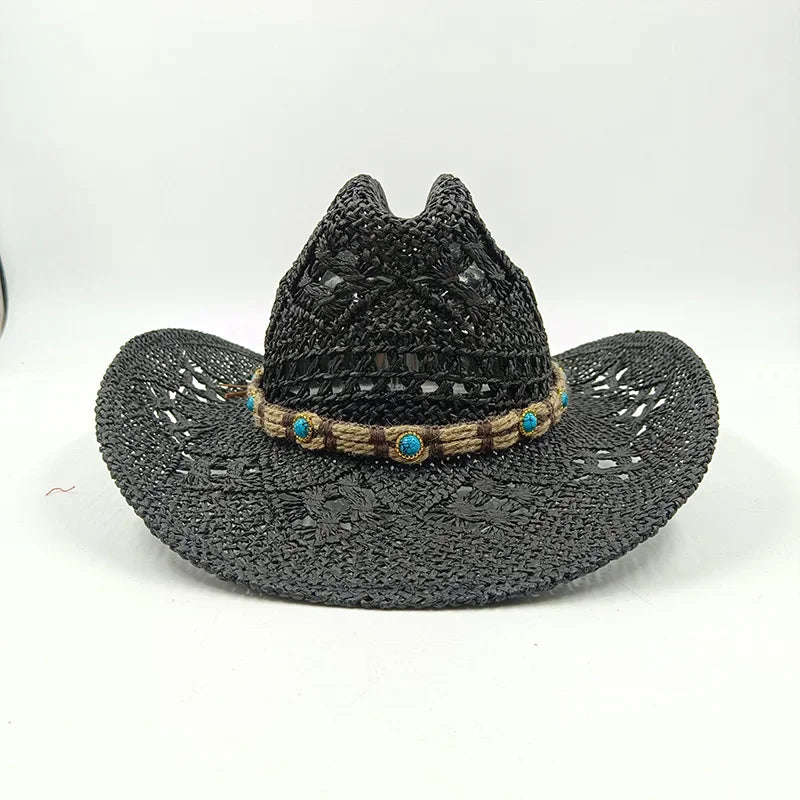 Hand-woven hollow denim straw hat men's and women's summer sunscreen hat western cowboy straw hat sombrero mujer sombrero hombre