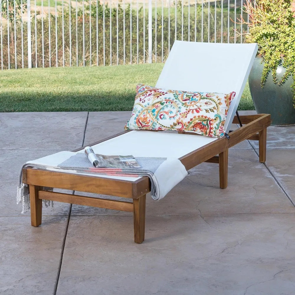 Christopher Knight Outdoor Chaise Lounge with Acacia Wood Frame, Teak Finish / White Mesh