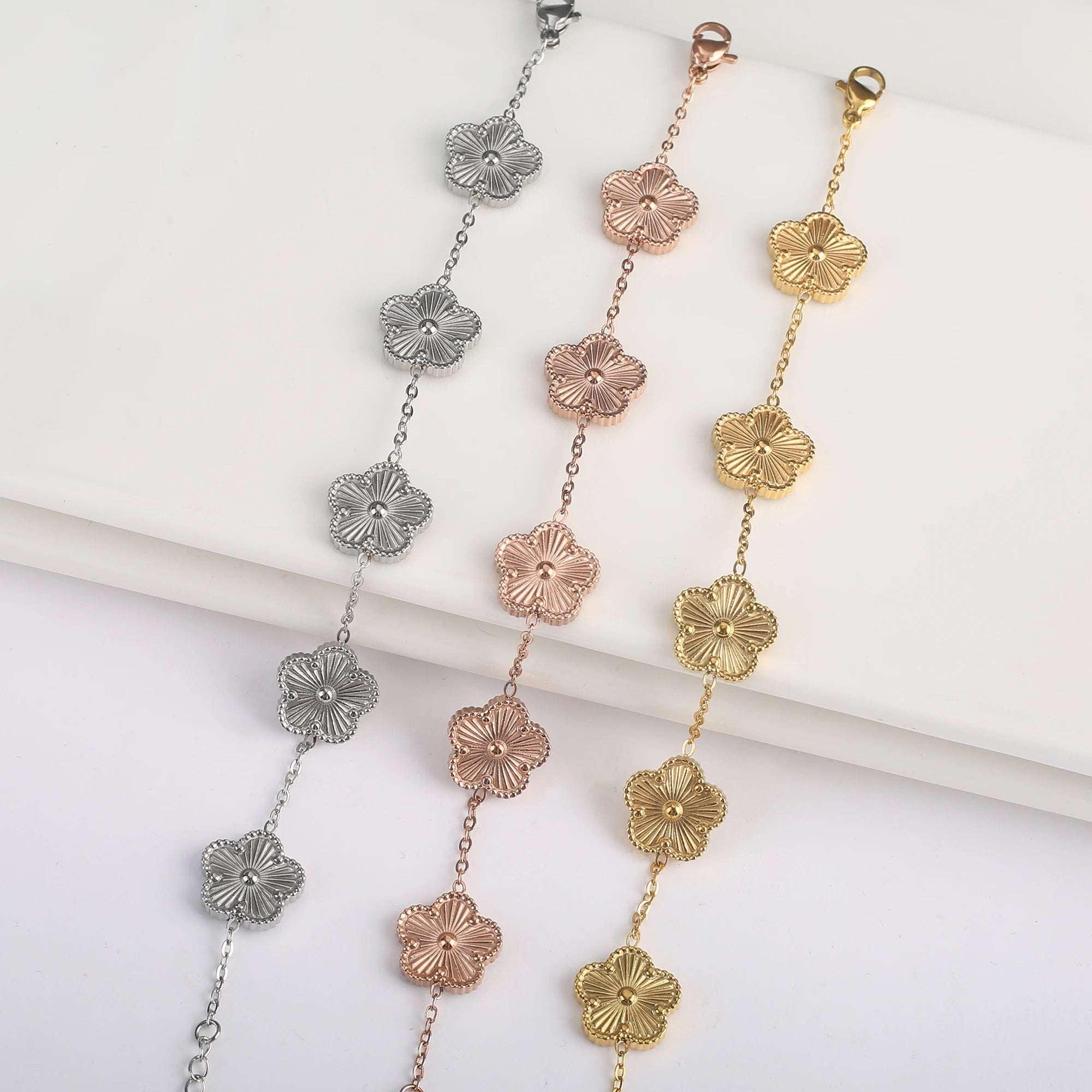 Hot Sale Stainless Steel Laser Five Leaf Flower Petal Adjustable Clover Bracelet Classic for Woman Girl Brand Jewelry Party Gift
