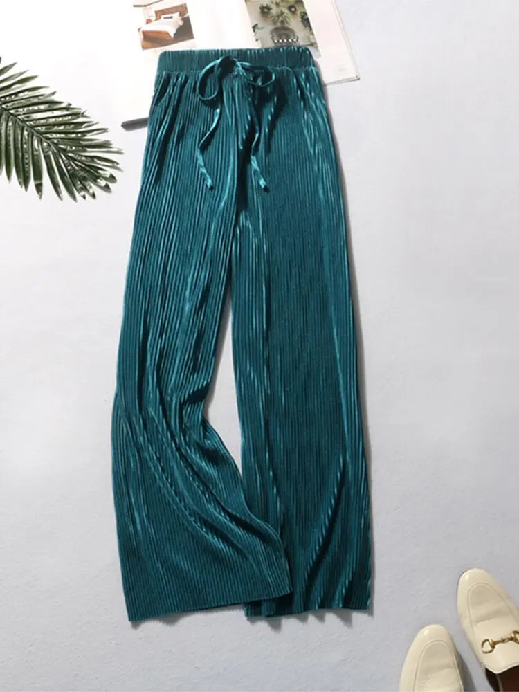 Summer Wide Leg Pants For Women Casual Elastic High Waist 2020 New Fashion Loose Long Pants Pleated Pant Trousers Femme