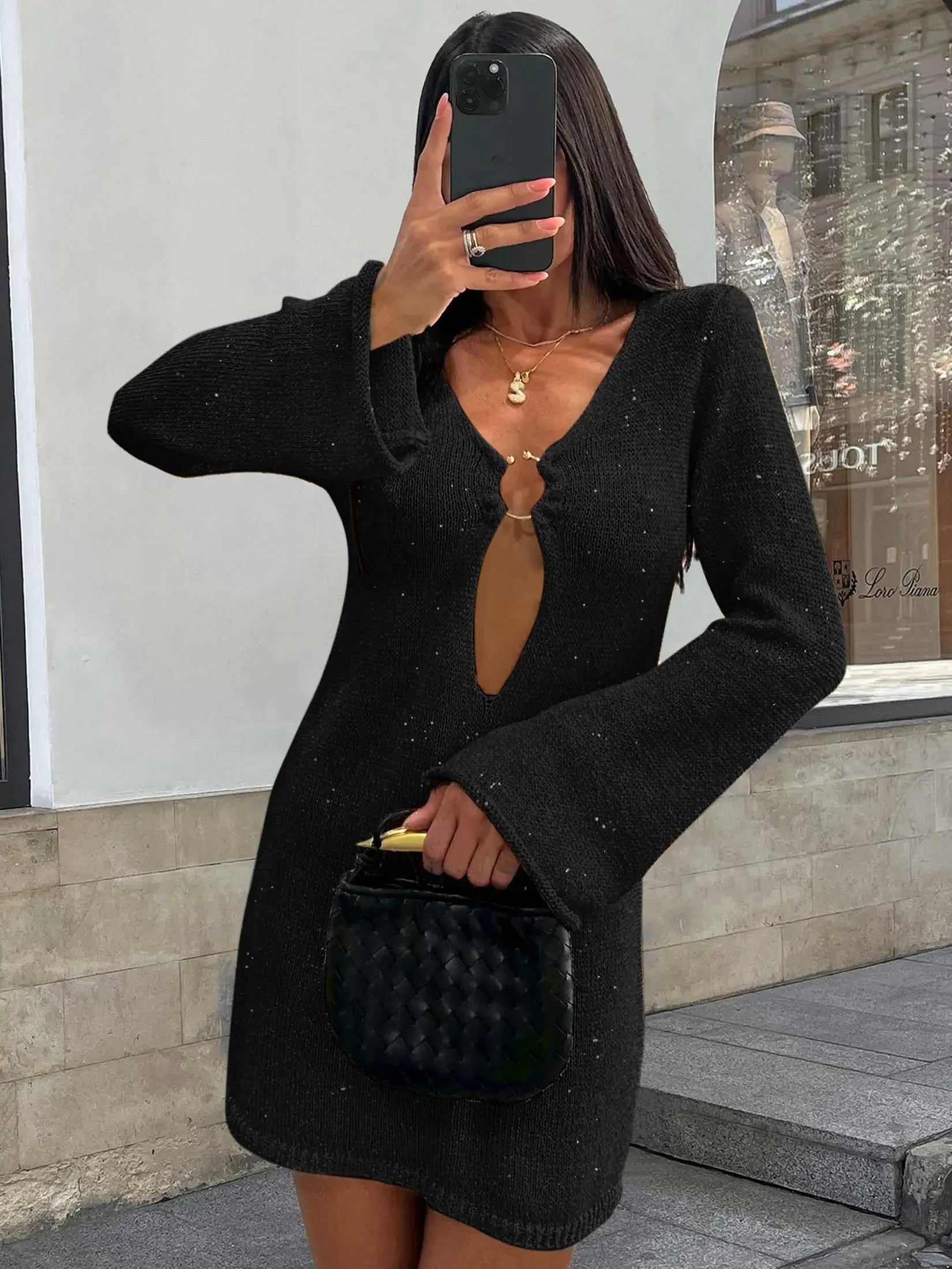 Sexy V Neck Flared Sleeve Slim Knitted Mini Dress 2024 Autumn / Winter Women's Elegant Long Sleeve Vacation Short Dresses A2917