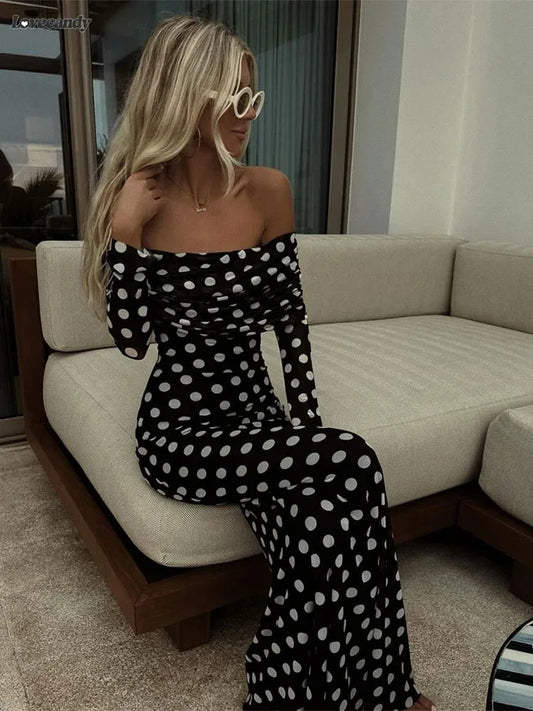 Sexy Polka Dots Print Dress Off Shoulder Patchwork Maxi Dress for Women Slim Fit Long Sleeves A-line Vestidos Lady Elegant Robe