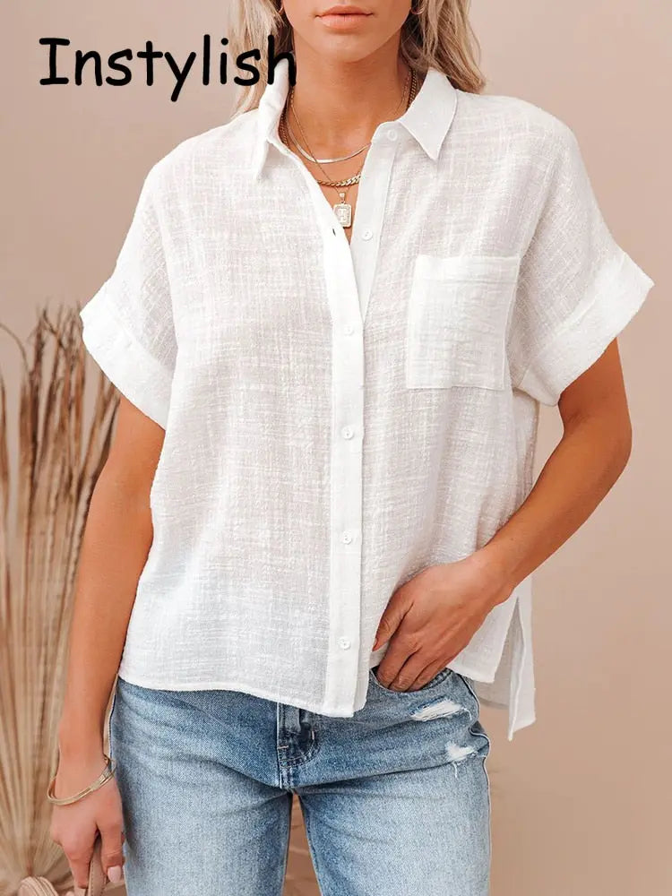 Women Summer Linen Oversized Shirt Vintage Harajuku Short Sleeve Loose Blouse Elegant Chic Tunis 2022 Women Tops Streetwear
