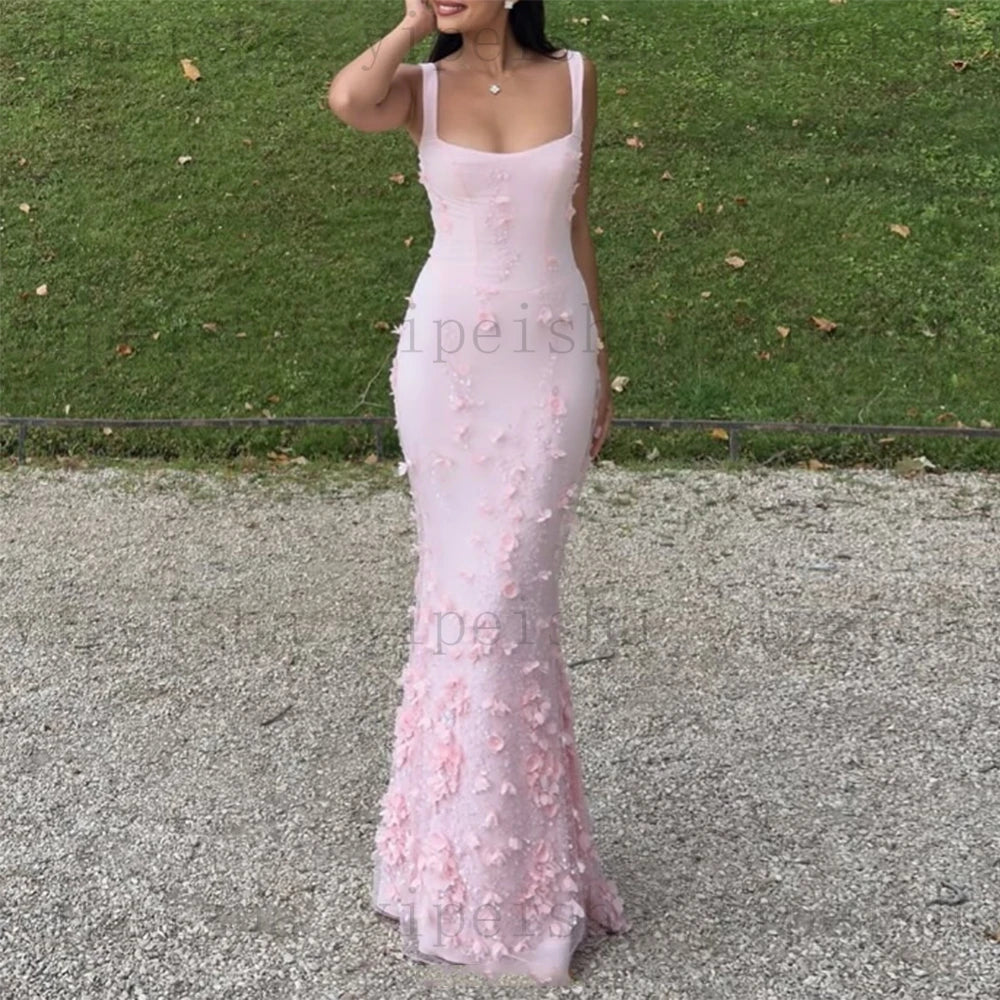 Customized square collar mermaid Evening Dresses spaghetti strap Party Dress 3D Flowers Sequined Lace Appliques Long Prom Gown Luxlife Brands