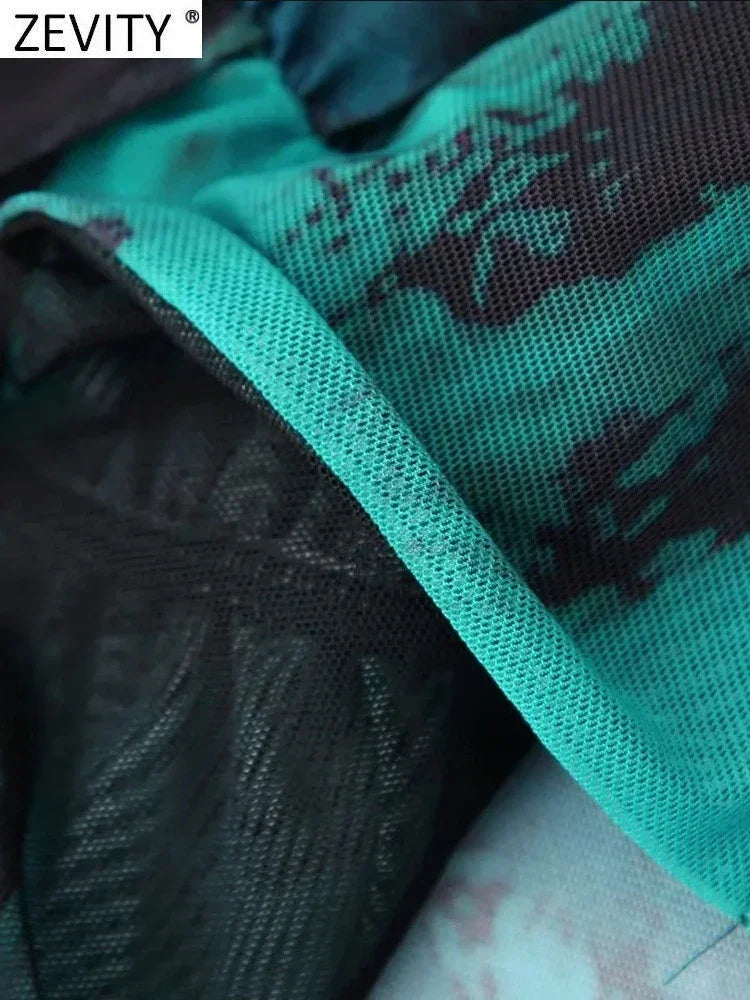 Zevity Women Fashion Single Shoulder Tie Dyed Print Pleated Mesh Smock Blouse Female Asymmetrical Shirt Blusas Chic Tops LS5432 LUXLIFE BRANDS