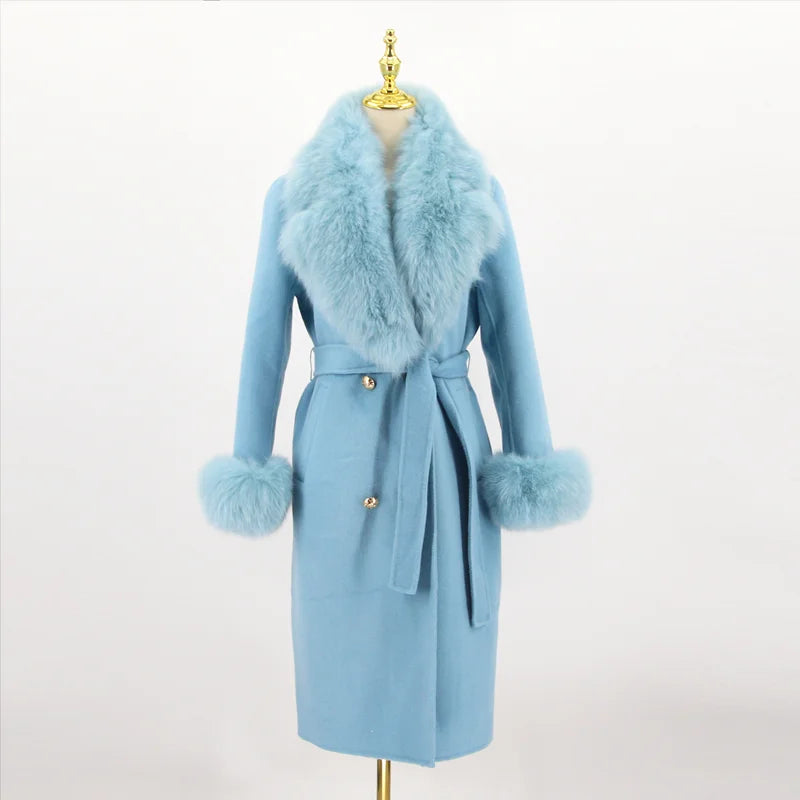 2023 New Arriva High Quality Cashmere Women Jacket With Bigger Real Fox Fur Collar And Cuffs