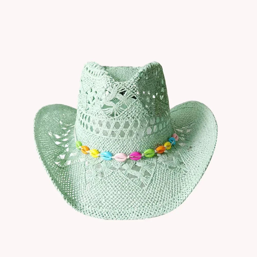 Melesh Western Women's Mint Green Cowboy Hat Straw Cowboy Hat Plasticity Strong Wide Brim Sunshine Beach Western Cowboy Hat