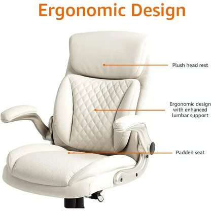 Office Chair, Ergonomic Executive Offices Desk Chairs with Flip-up Armrests, Cream Bonded Leather, Office Chair