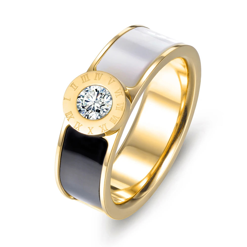 JeeMango Fashion Stainless Steel Fine Jewelry Cubic Zirconia Shell Roman Alphabet Bridal Wedding Rings For Women Jewelry JR17033 Luxlife Brands